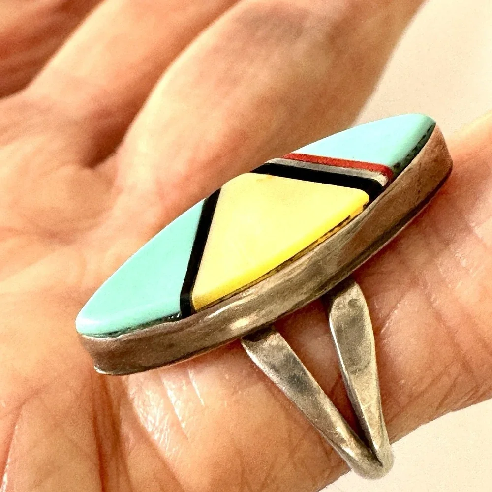 VTG Navajo Marquis Turquoise MOP Ring Sz 5 Sterling 60s Old Inlay‎ Native Amer